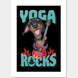 Yoga Rocks with cute doxie dog playing guitar tee Posters and Art